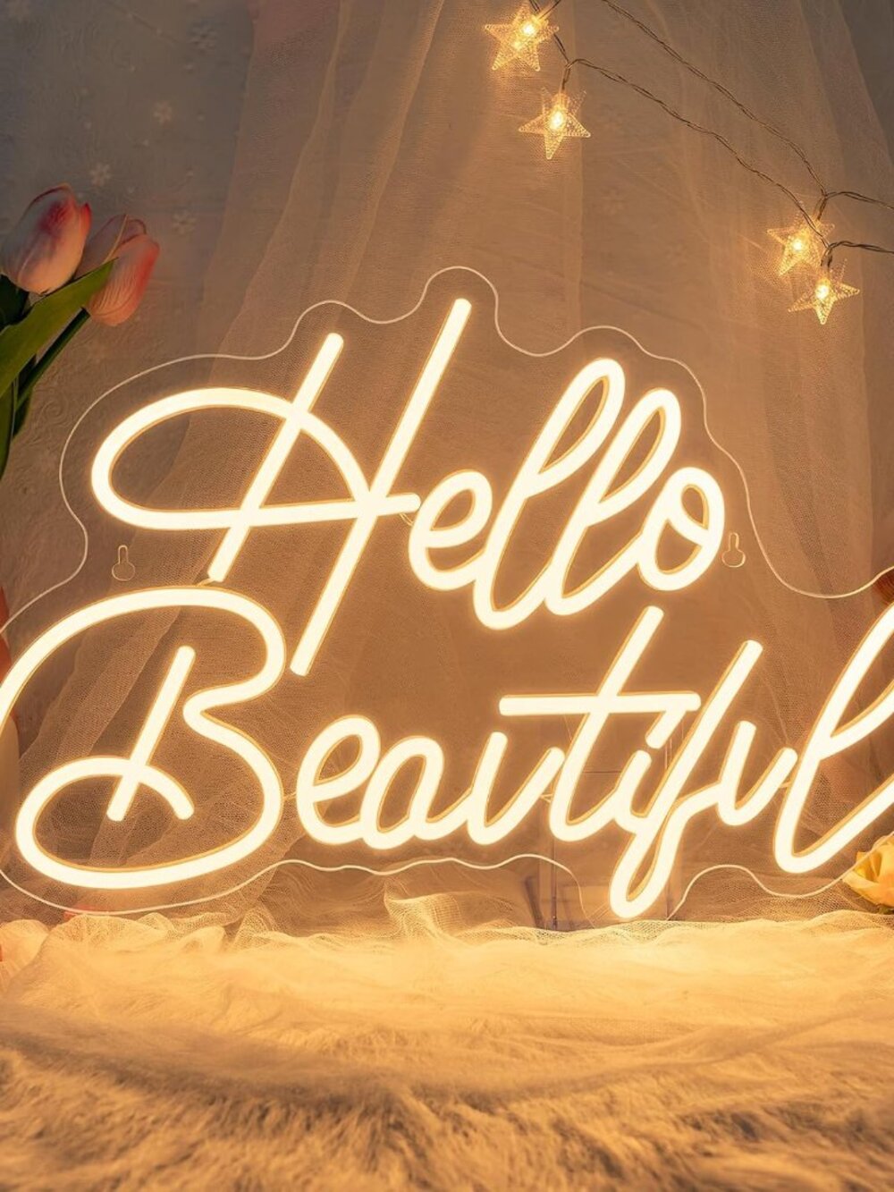 Hello Beautiful Neon Sign Warm White LED Light Girl Room Decor for Bedroom